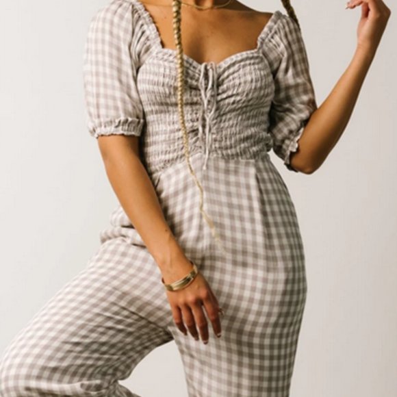 Baltic Born Pants - Baltic Born Addie Smocked Jumpsuit | Taupe Gingham - L